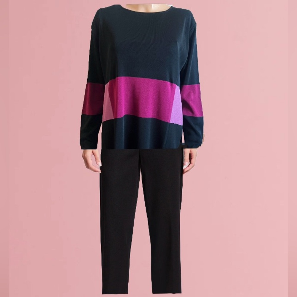 Misook Chic Black and Purple color block Knit Set Black Size Medium.